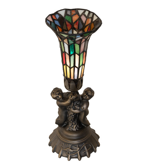 13" High Stained Glass Pond Lily Twin Cherub Accent Lamp