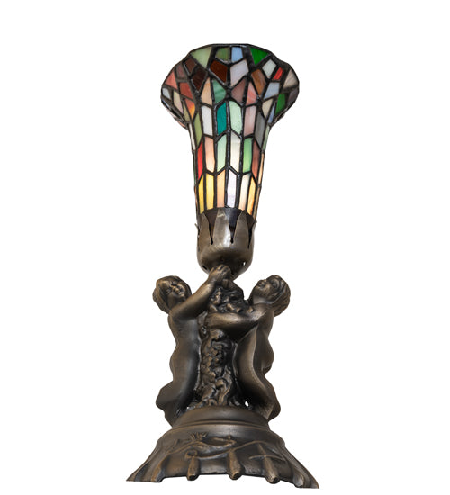 13" High Stained Glass Pond Lily Twin Cherub Accent Lamp