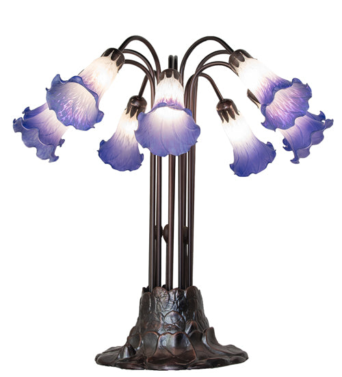 24" High Blue/White Tiffany Pond Lily 10 Light Table Lamp