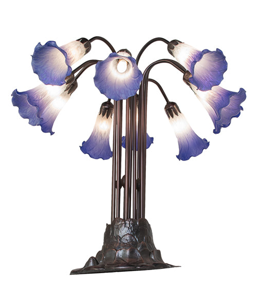 24" High Blue/White Tiffany Pond Lily 10 Light Table Lamp