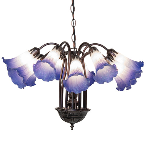 24" Wide Blue/White Tiffany Pond Lily 12 Light Chandelier