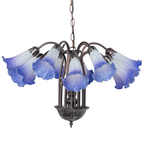 24" Wide Blue/White Tiffany Pond Lily 12 Light Chandelier