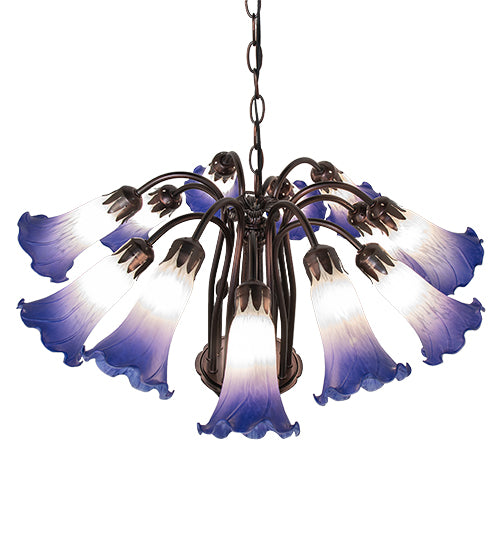 24" Wide Blue/White Tiffany Pond Lily 12 Light Chandelier