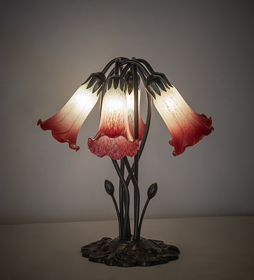 16" High Red/Seafoam Tiffany Pond Lily 5 Light Table Lamp