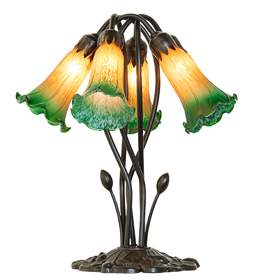 16" High Amber/Green Tiffany Pond Lily 5 Light Table Lamp