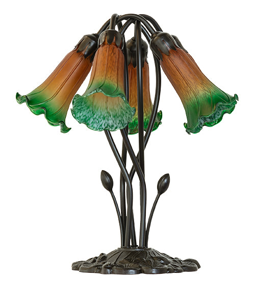 16" High Amber/Green Tiffany Pond Lily 5 Light Table Lamp