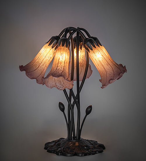 16" High Amber/Purple Tiffany Pond Lily 5 Light Table Lamp