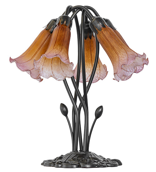 16" High Amber/Purple Tiffany Pond Lily 5 Light Table Lamp