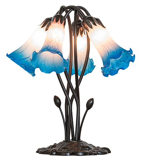 16" High Blue/Pink Tiffany Pond Lily 5 Light Table Lamp