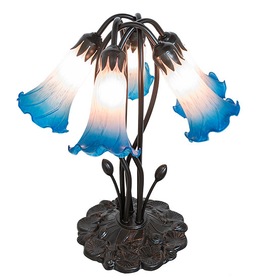 16" High Blue/Pink Tiffany Pond Lily 5 Light Table Lamp