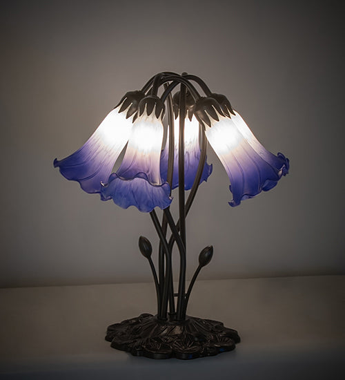 16" High Blue/White Tiffany Pond Lily 5 Light Table Lamp