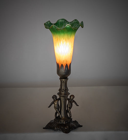 11" High Amber/Green Tiffany Pond Lily Maidens Mini Lamp