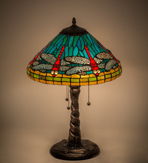 21"H Tiffany Dragonfly W/ Twisted Fly Mosaic Base Table Lamp