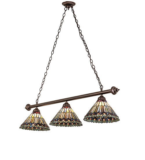 52" Long Tiffany Jeweled Peacock 3 Light Island Pendant