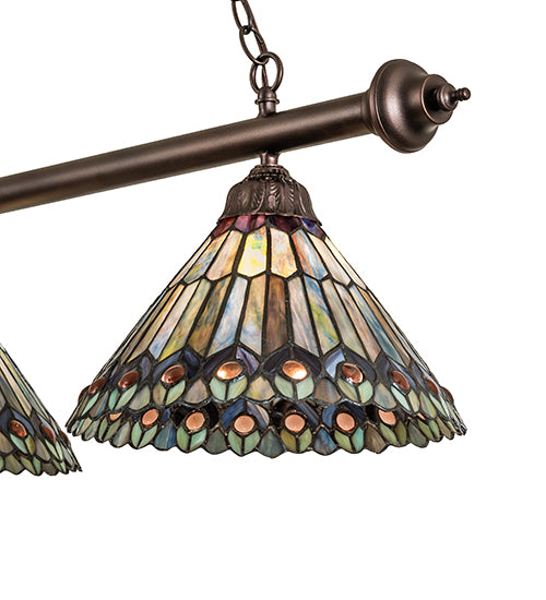 52" Long Tiffany Jeweled Peacock 3 Light Island Pendant