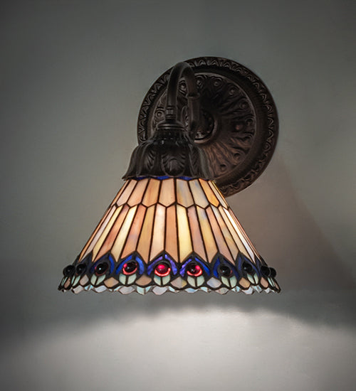 8" Wide Tiffany Jeweled Peacock Wall Sconce