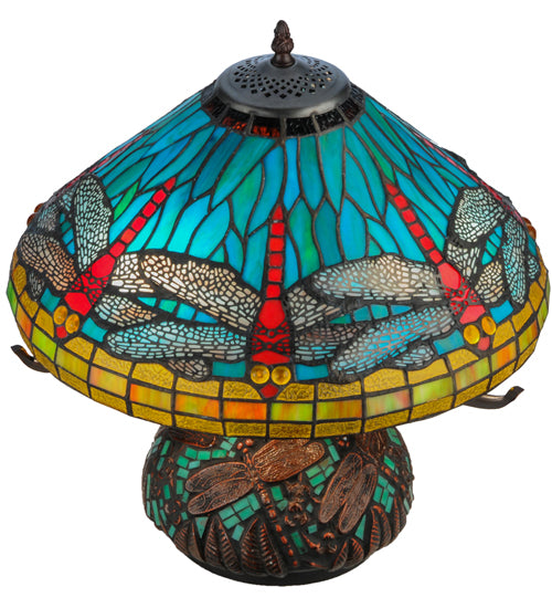 17"H Tiffany Dragonfly W/Tiffany Mosaic Base Table Lamp