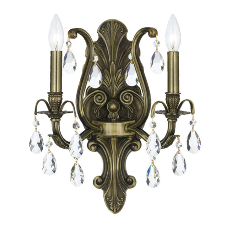 Dawson 2 Light Golden Teak Hand Cut Crystal Antique Brass Sconce