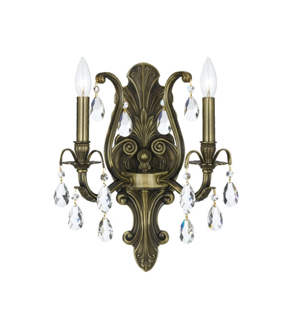 Crystorama Dawson 2 Light Golden Teak Hand Cut Crystal Antique Brass Sconce