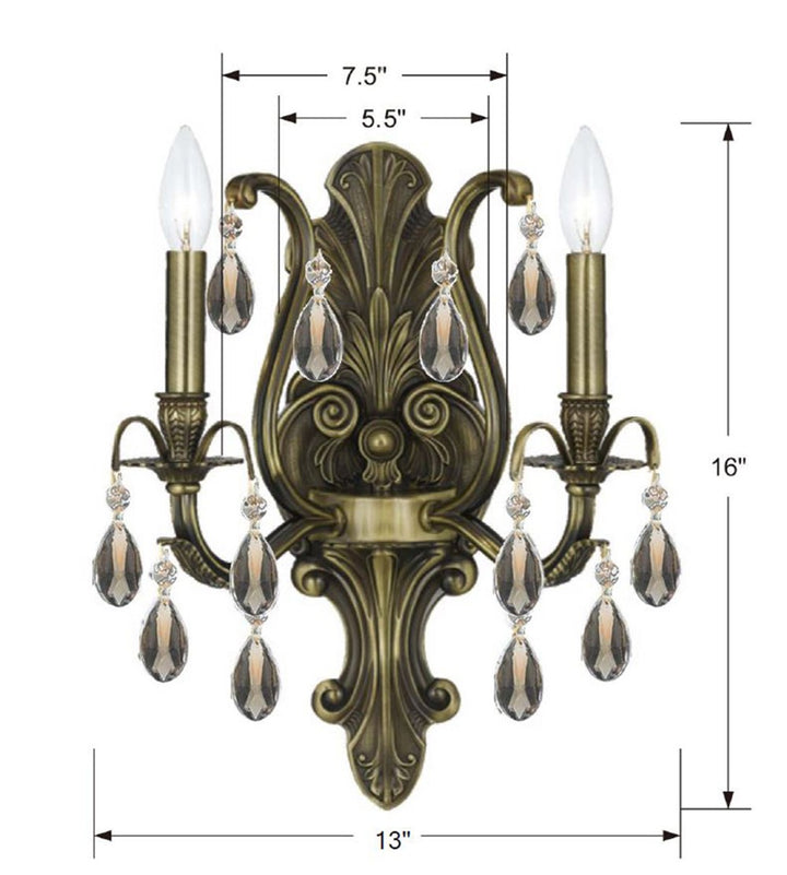 Crystorama Dawson 2 Light Golden Teak Hand Cut Crystal Antique Brass Sconce