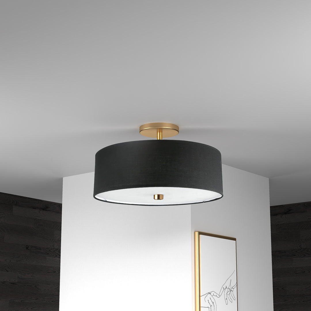 Dainolite 3 Light Incandescent Semi-Flush Mount Aged Brass with Black Shade