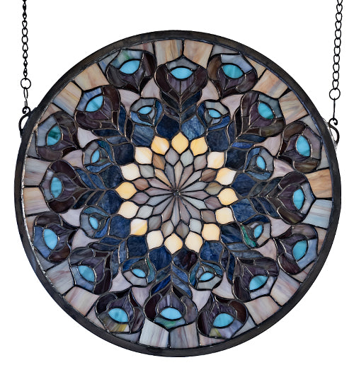 17"W X 17"H Tiffany Peacock Feather Medallion Stained Glass Window