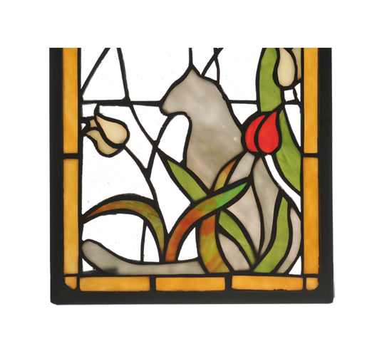 9"W X 25"H Cat & Tulips Stained Glass Window