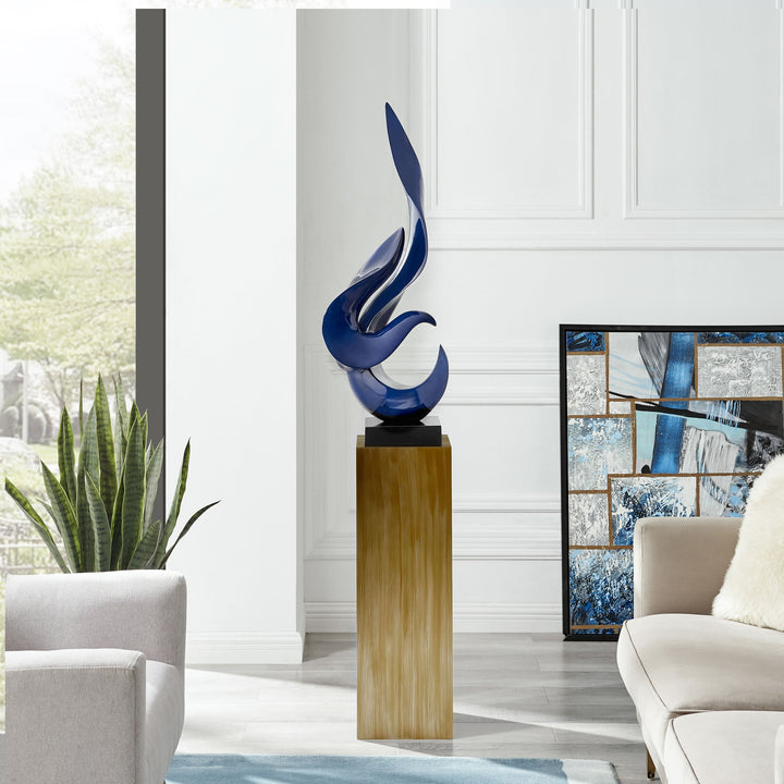 Navy Blue Flame Floor Sculpture With Bronze Stand, 65" Tall