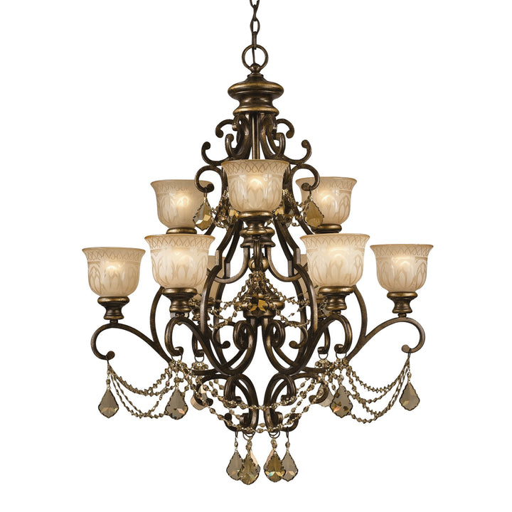 Norwalk 9 Light Golden Teak Swarovski Strass Crystal Bronze Umber Chandelier