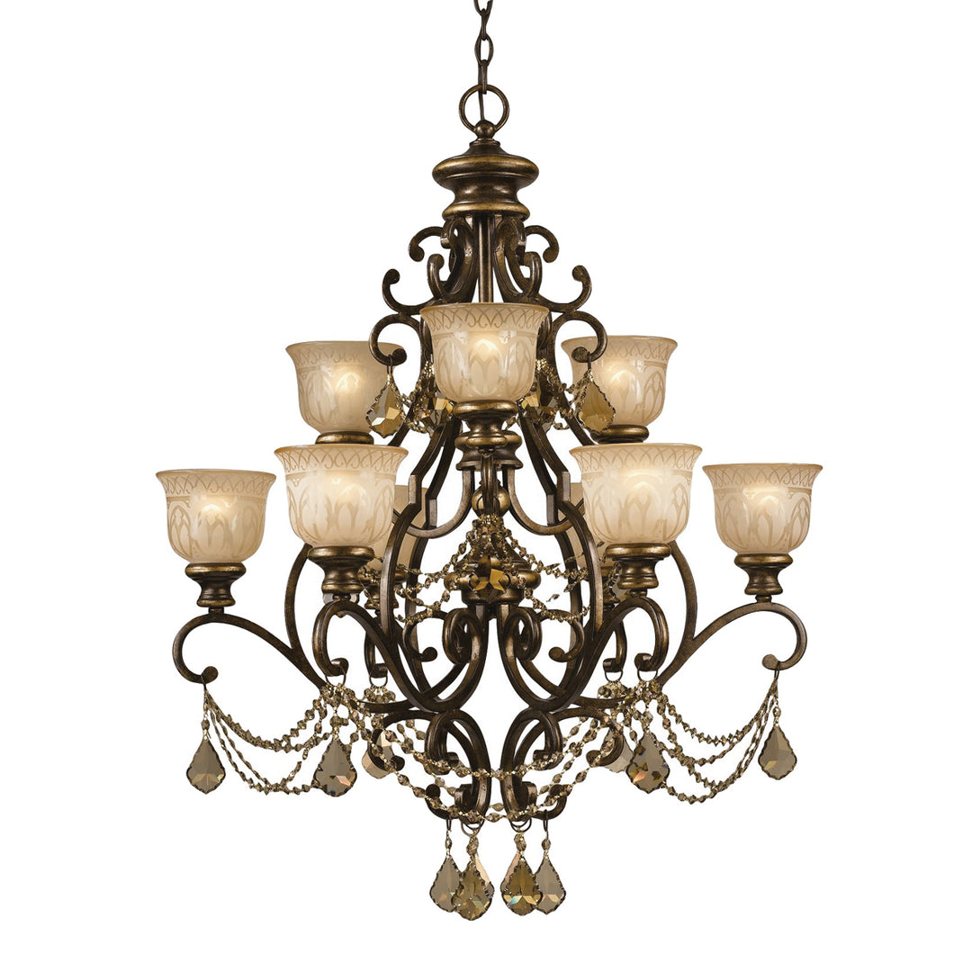 Norwalk 9 Light Golden Teak Swarovski Strass Crystal Bronze Umber Chandelier