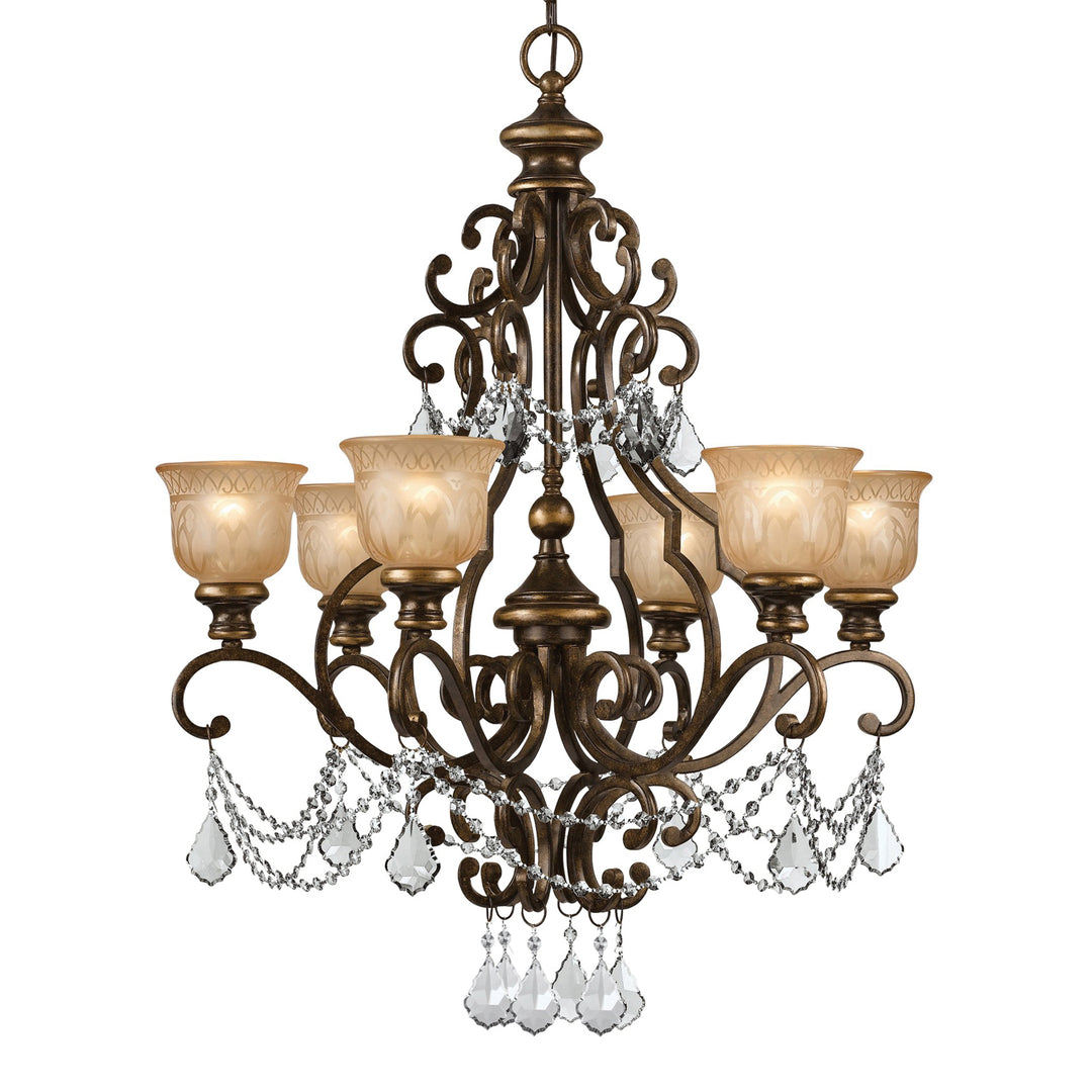 Norwalk 6 Light Golden Teak Swarovski Strass Crystal Bronze Umber Chandelier