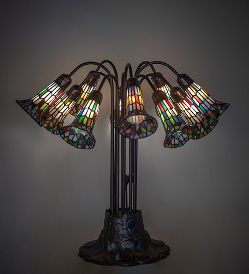 24" High Stained Glass Pond Lily 10 Light Table Lamp