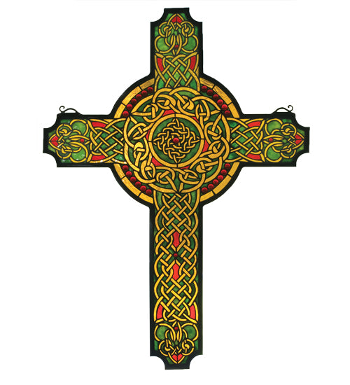 25"W X 34"H Jeweled Celtic Cross Stained Glass Window