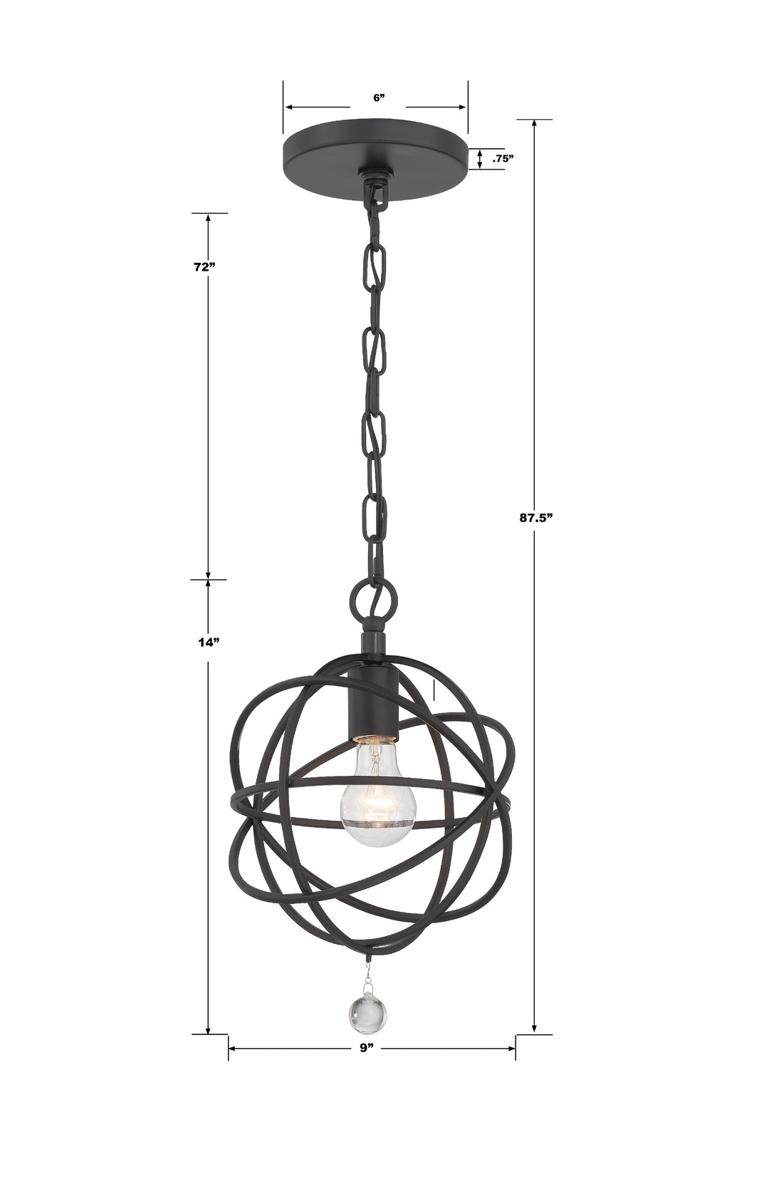 Crystorama Solaris 1 Light Black Mini Pendant