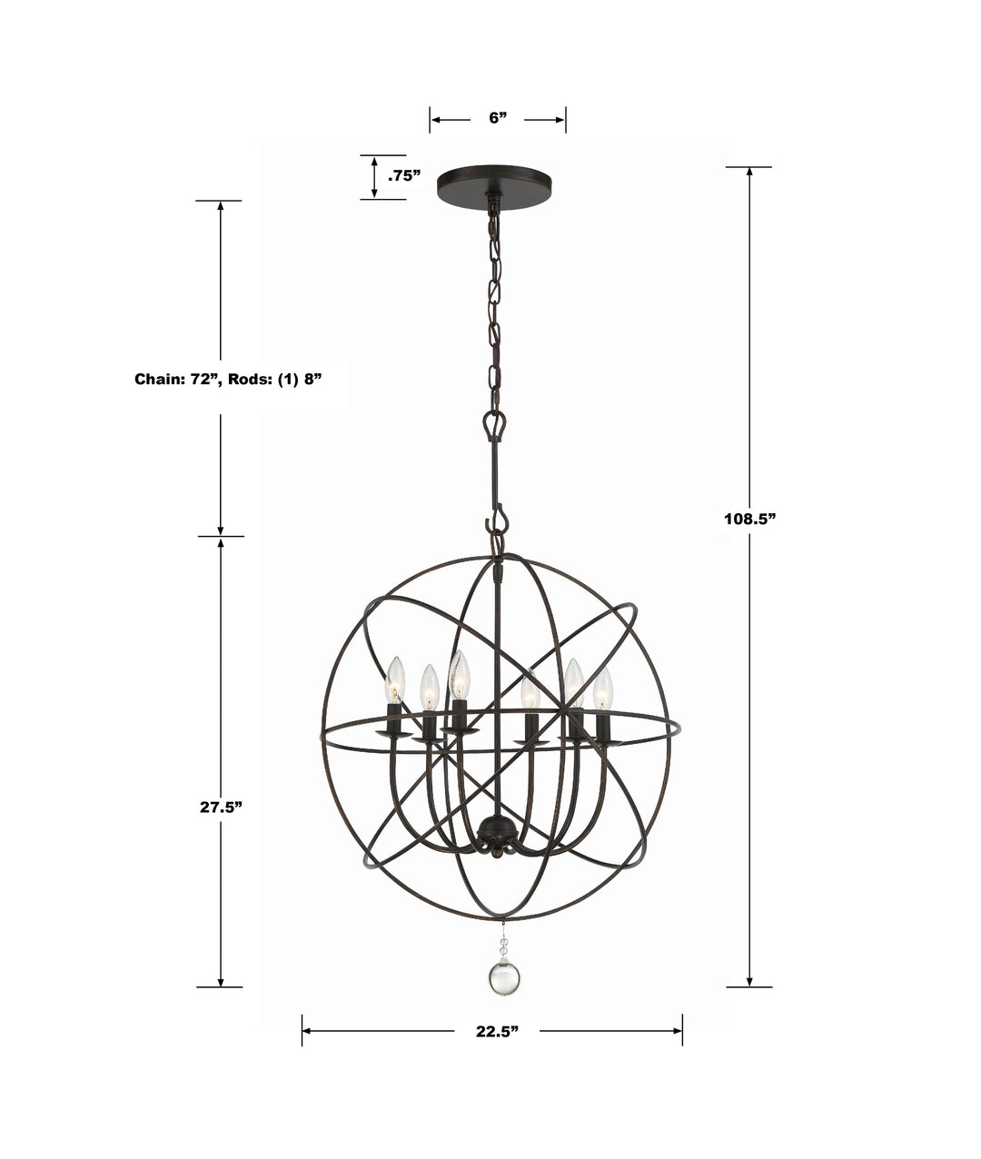 Crystorama Solaris 6 Light Black Chandelier