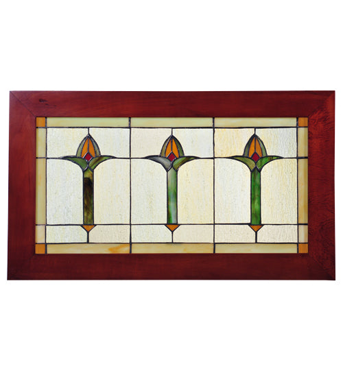 24" Wide X 14" High Arts & Crafts Bud Trio Wood Frame Stained Glass Window