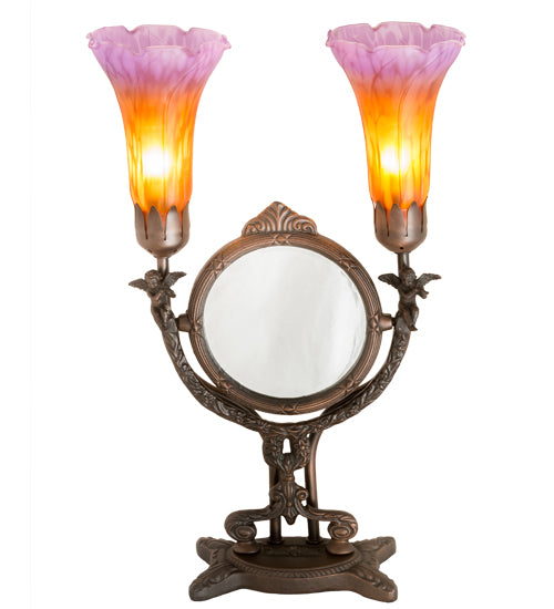 17" High Amber/Purple Pond Lily Twin Cherub 2 Light Accent Lamp