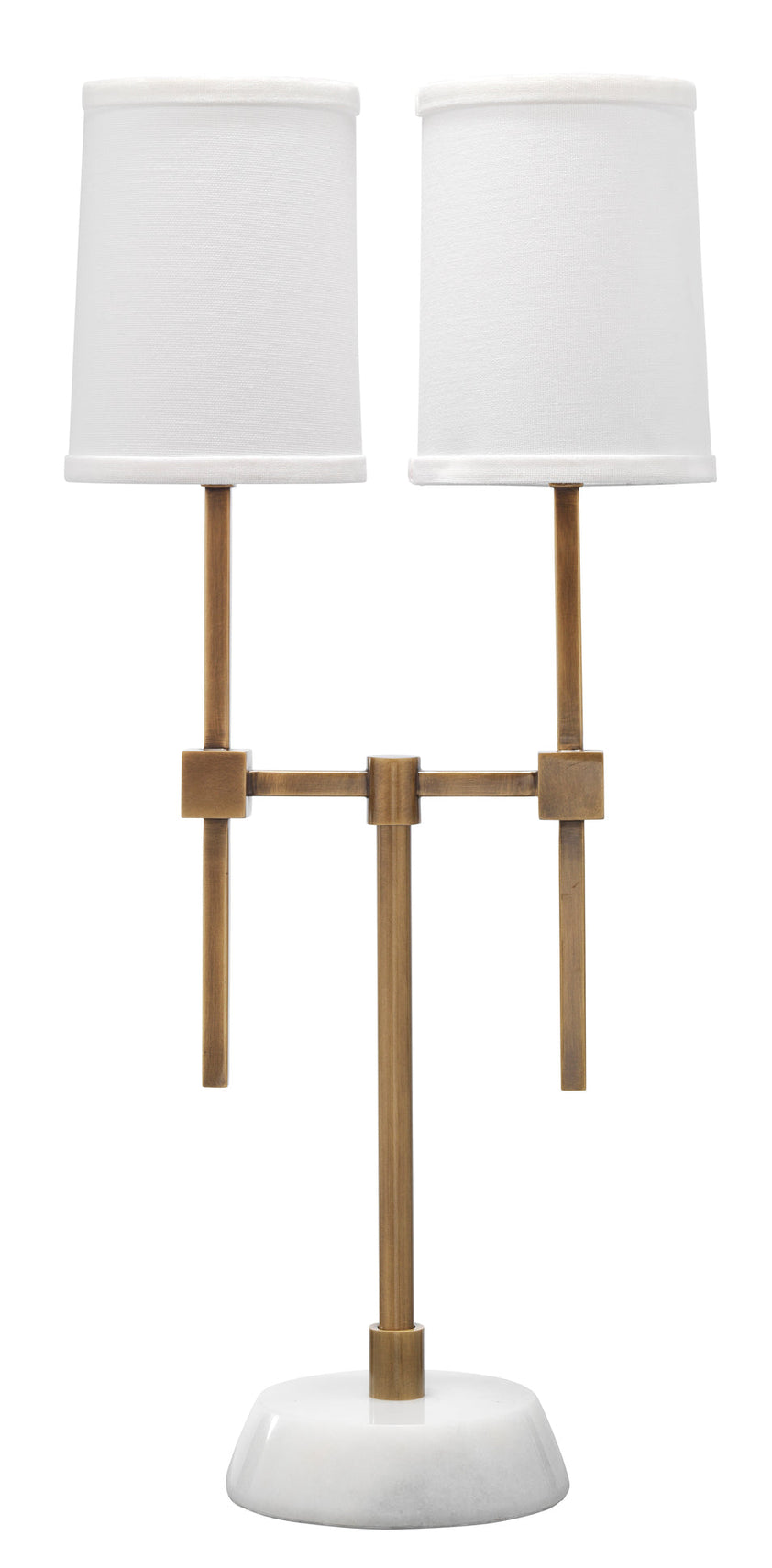 Minerva Twin Shade Console Lamp-Antique Brass and White