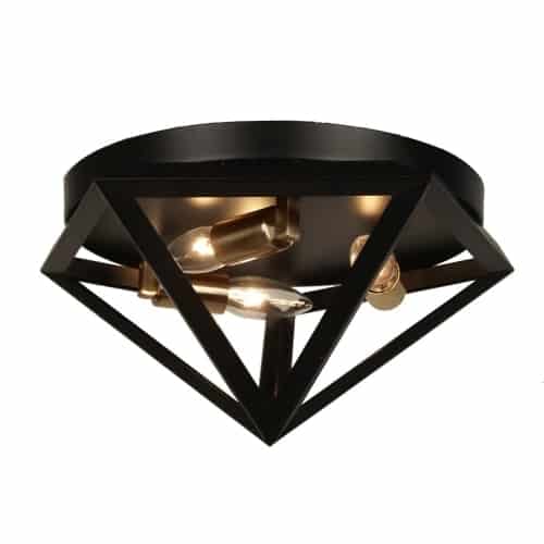 Dainolite 3 Light Flush Mount Fixture, Matte Black with Antique Brass Accents