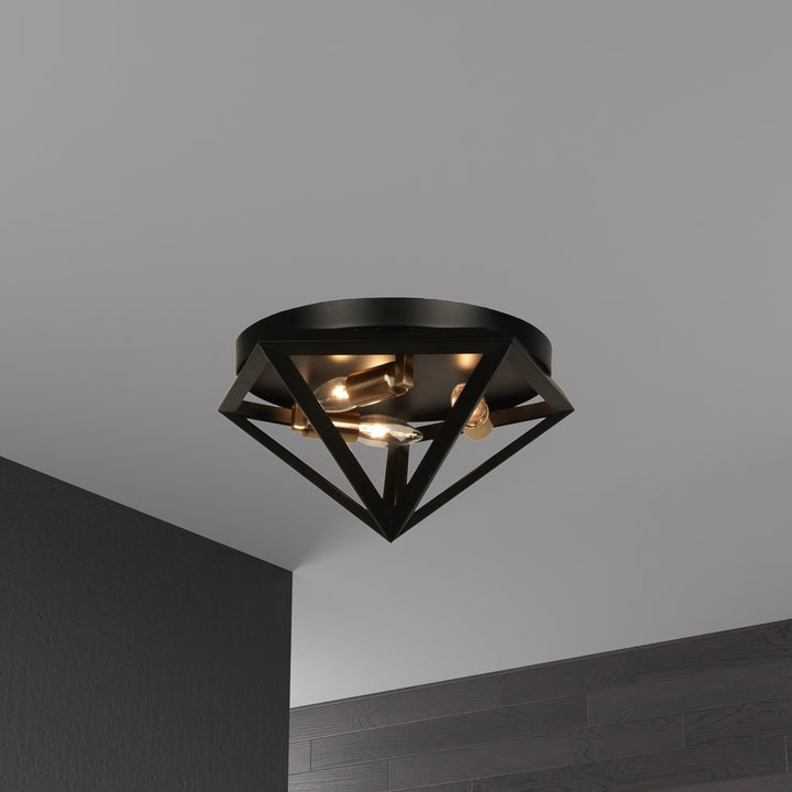 Dainolite 3 Light Flush Mount Fixture, Matte Black with Antique Brass Accents