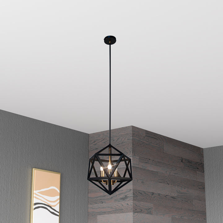 Dainolite 3 Light Chandelier, Matte Black with Antique Brass Accents