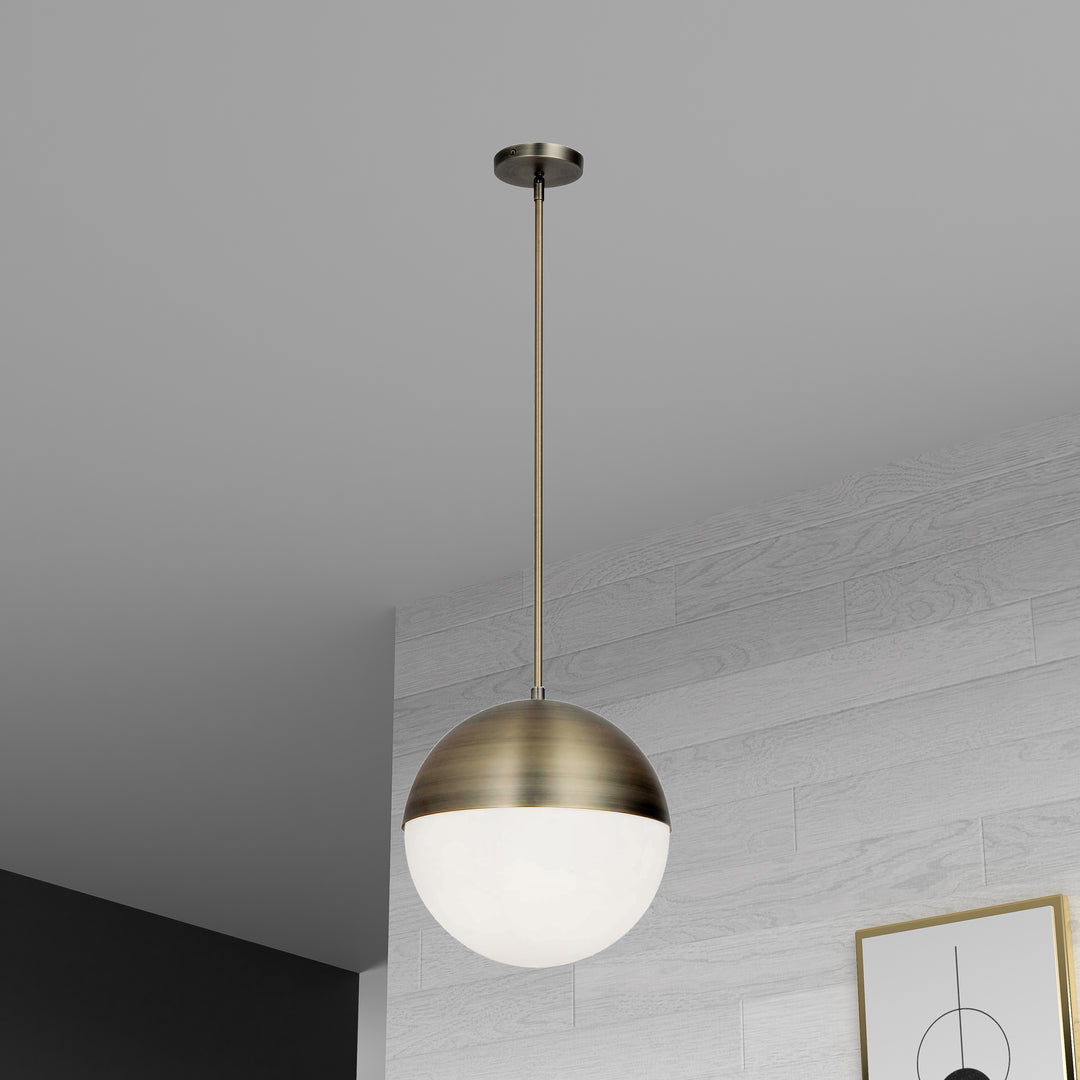 Dainolite 3 Light Halogen Pendant, Aged Brass w/ White Opal Glass