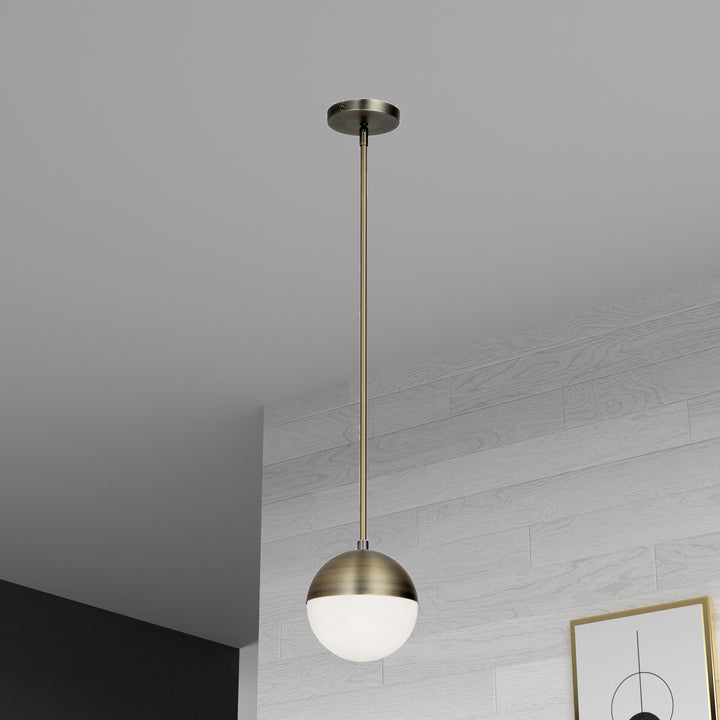 Dainolite 1 Light Halogen Pendant, Aged Brass w/White Opal Glass