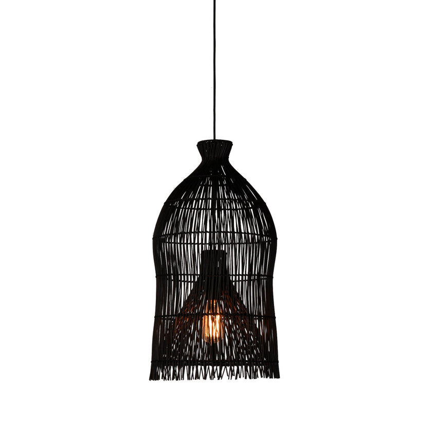 Ivan 15" Diameter Woven Rattan and Iron Pendant Light in Black