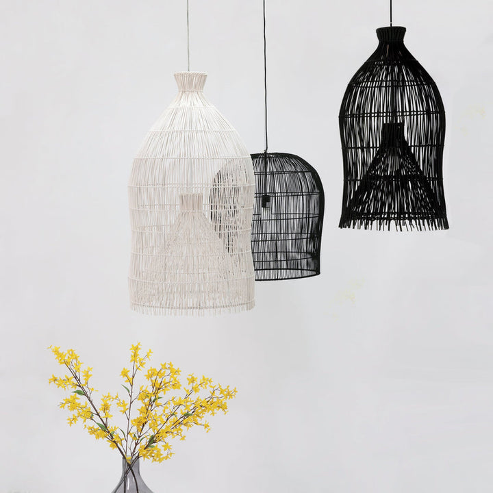 Ivan 15" Diameter Woven Rattan and Iron Pendant Light in Black