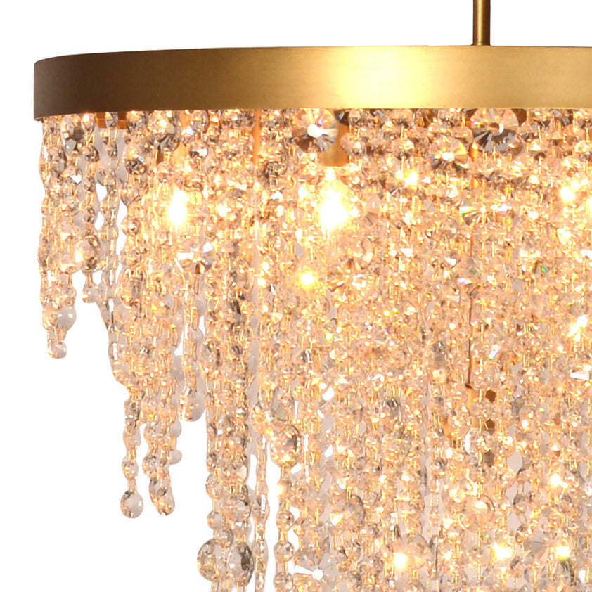 Eli 24" Diameter Round Hanging Crystal and Brushed Brass Waterfall Chandelier