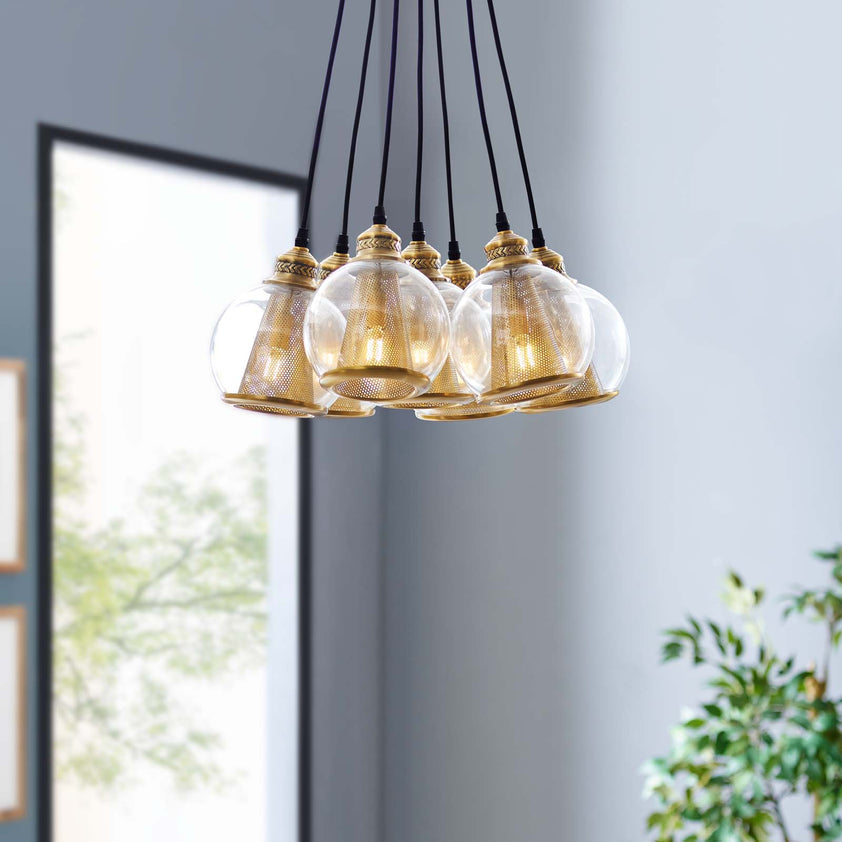 Peak Brass Cone and Glass Globe Cluster Pendant Chandelier