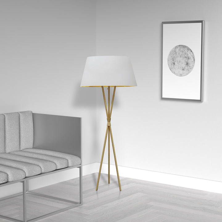 Dainolite 1 Light 3 Legged Aged Brass Floor Lamp, with White/Gold Shade