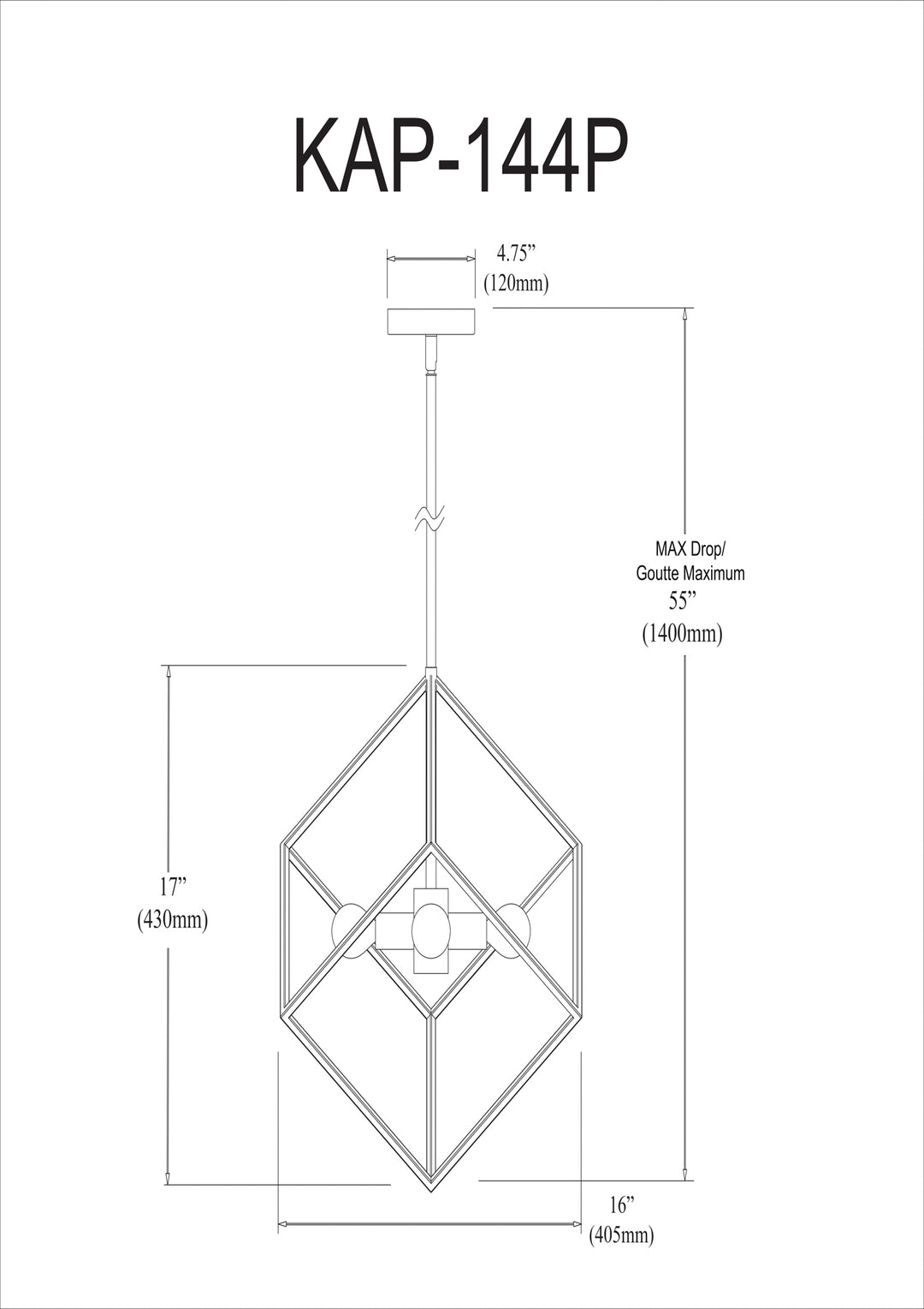 Dainolite 4 Light Pendant, Polished Chrome / Matte Black Finish