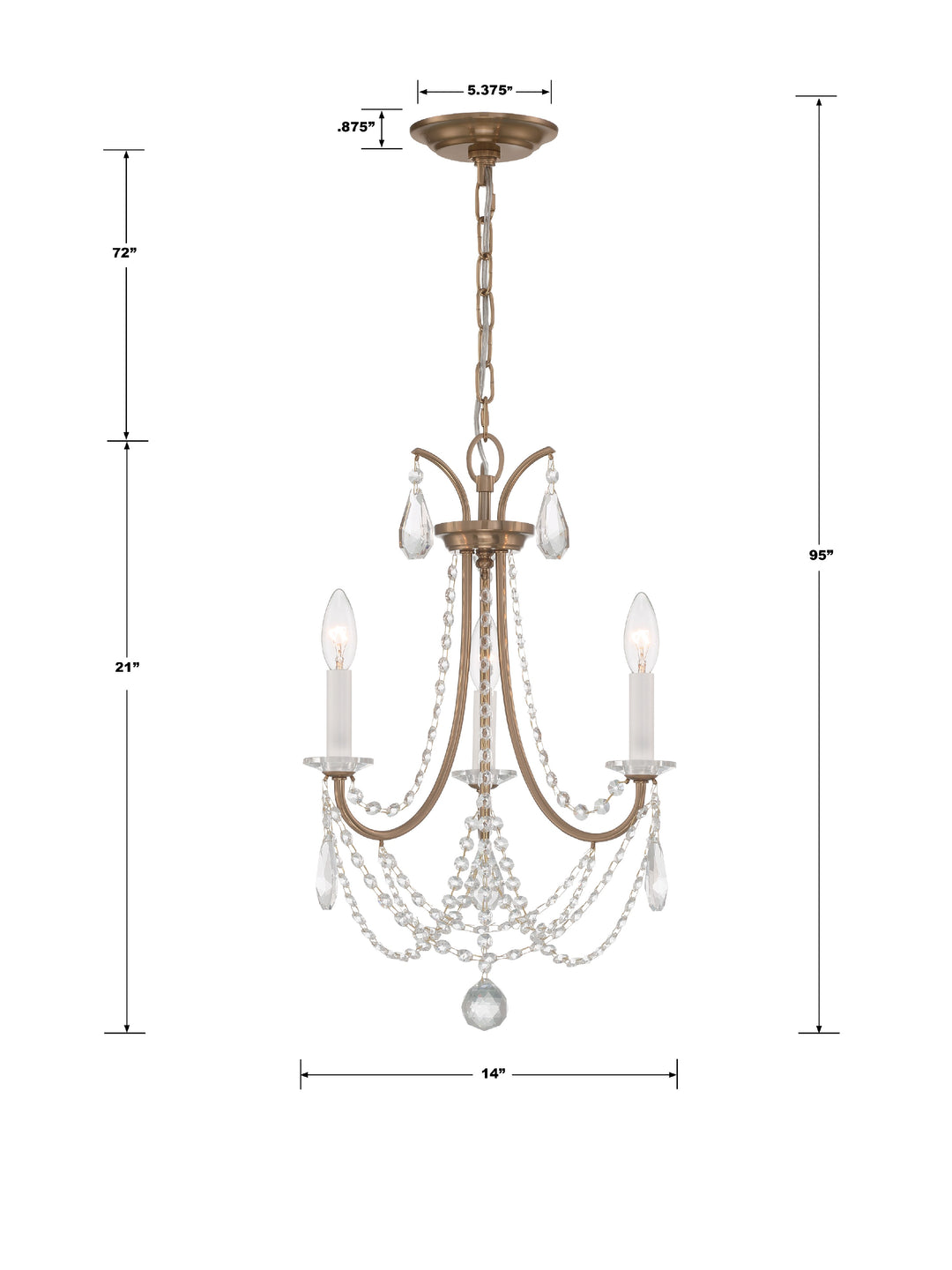 Crystorama Karrington 3 Light Aged Brass Mini Chandelier